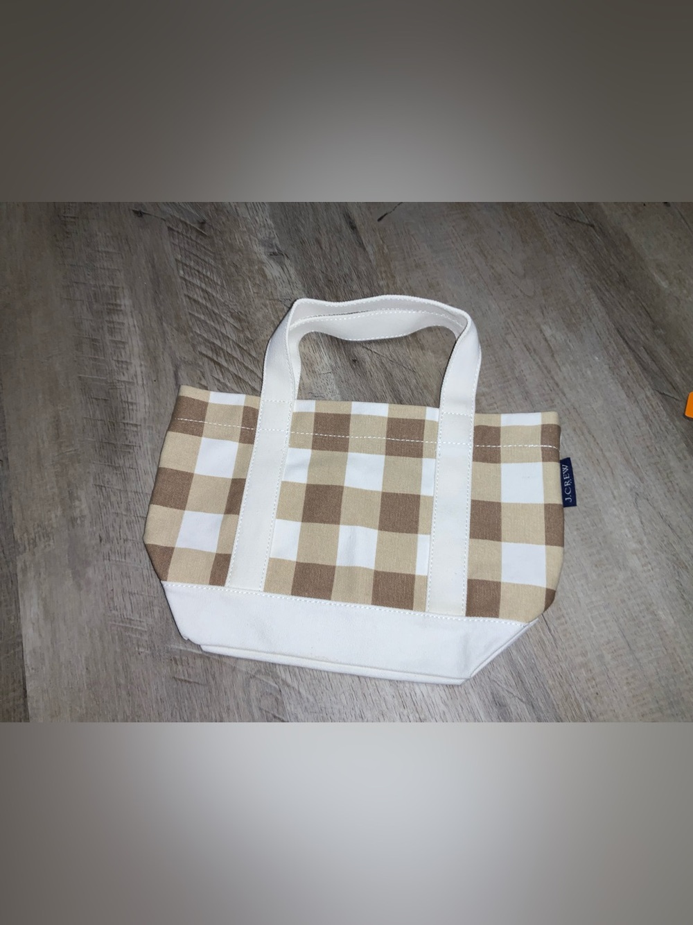 (Bin 4) J. Crew Cream & Tan Plaid Canvas Tote